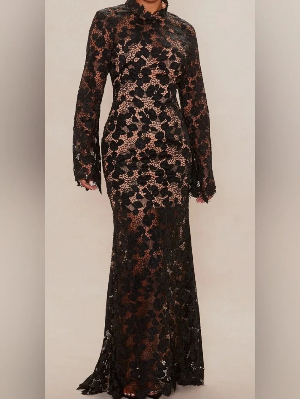 Black Lace Long Sleeve Evening Dress